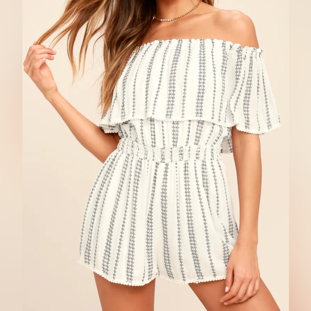 Lulu's White Print Off-the-Shoulder Romper